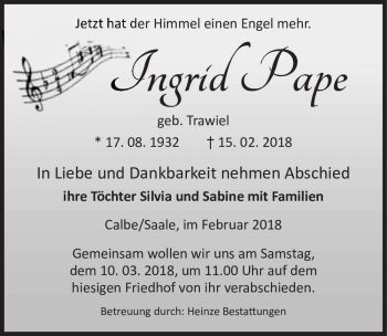 Traueranzeige von Ingrid Pape (geb. Trawiel)  von Magdeburger Volksstimme