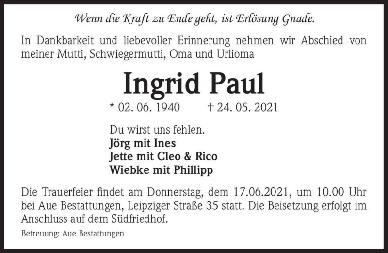  Traueranzeige für Ingrid Paul  vom 12.06.2021 aus Magdeburger Volksstimme