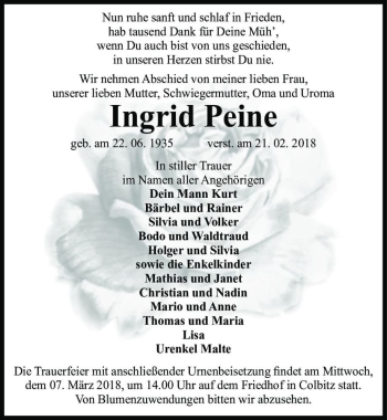 Traueranzeige von Ingrid Peine  von Magdeburger Volksstimme