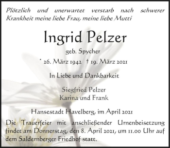 Traueranzeige von Ingrid Pelzer (geb. Spycher)  von Magdeburger Volksstimme