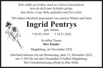Traueranzeige von Ingrid Pentrys (geb. Schatz)  von Magdeburger Volksstimme