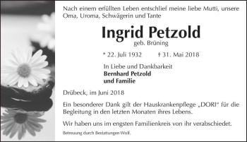 Traueranzeige von Ingrid Petzold (geb. Brüning)  von Magdeburger Volksstimme
