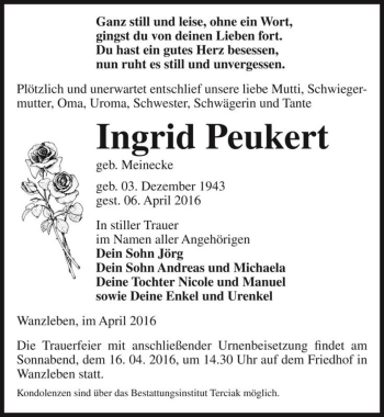 Traueranzeige von Ingrid Peukert (geb. Meinecke)  von Magdeburger Volksstimme