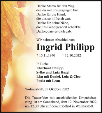 Traueranzeige von Ingrid Philipp  von Magdeburger Volksstimme