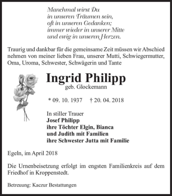 Traueranzeige von Ingrid Philipp (geb. Glockemann)  von Magdeburger Volksstimme