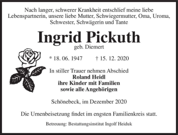 Traueranzeige von Ingrid Pickuth (geb. Diemert)  von Magdeburger Volksstimme