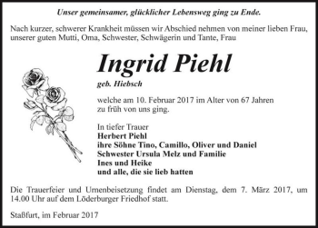 Traueranzeige von Ingrid Piehl (geb. Hiebsch)  von Magdeburger Volksstimme