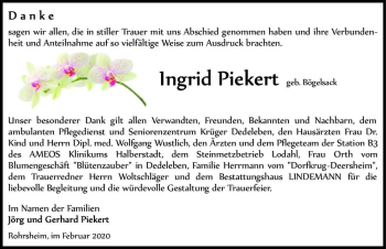 Traueranzeige von Ingrid Piekert (geb. Bögelsack)  von Magdeburger Volksstimme