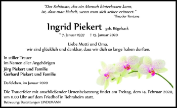 Traueranzeige von Ingrid Piekert (geb. Bögelsack)  von Magdeburger Volksstimme