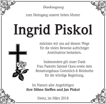 Traueranzeige von Ingrid Piskol  von Magdeburger Volksstimme