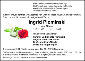 Traueranzeige von Ingrid Plominski (geb. Ahlvers)  von Magdeburger Volksstimme