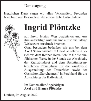 Traueranzeige von Ingrid Plöntzke  von Magdeburger Volksstimme