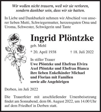Traueranzeige von Ingrid Plöntzke (geb. Mehl)  von Magdeburger Volksstimme