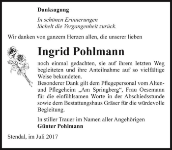 Traueranzeige von Ingrid Pohlmann  von Magdeburger Volksstimme