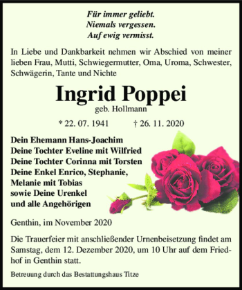 Traueranzeige von Ingrid Poppei (geb. Hollmann)  von Magdeburger Volksstimme