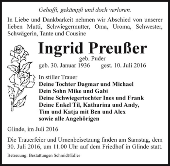 Traueranzeige von Ingrid Preußer (geb. Puder)  von Magdeburger Volksstimme