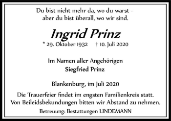 Traueranzeige von Ingrid Prinz  von Magdeburger Volksstimme