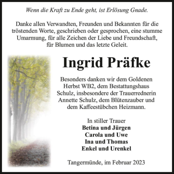 Traueranzeige von Ingrid Präfke  von Magdeburger Volksstimme