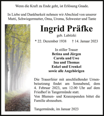 Traueranzeige von Ingrid Präfke (geb. Labitzki)  von Magdeburger Volksstimme