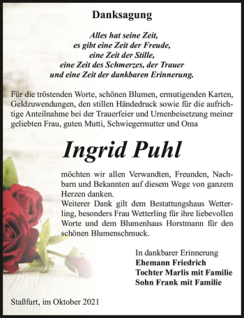 Traueranzeige von Ingrid Puhl  von Magdeburger Volksstimme