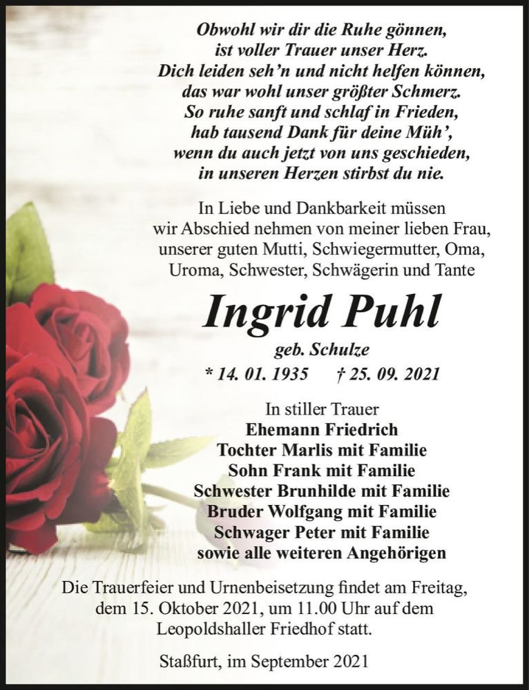  Traueranzeige für Ingrid Puhl (geb. Schulze)  vom 02.10.2021 aus Magdeburger Volksstimme