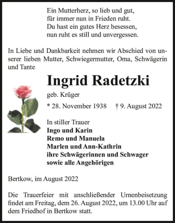 Traueranzeige von Ingrid Radetzki (geb. Krüger)  von Magdeburger Volksstimme
