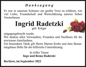 Traueranzeige von Ingrid Radetzki (geb. Krüger)  von Magdeburger Volksstimme