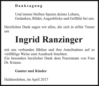 Traueranzeige von Ingrid Ranzinger  von Magdeburger Volksstimme