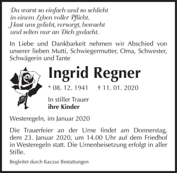 Traueranzeige von Ingrid Regner  von Magdeburger Volksstimme