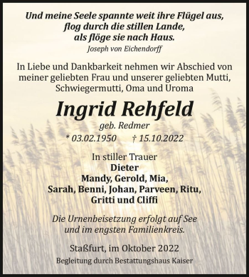 Traueranzeige von Ingrid Rehfeld (geb. Redmer)  von Magdeburger Volksstimme