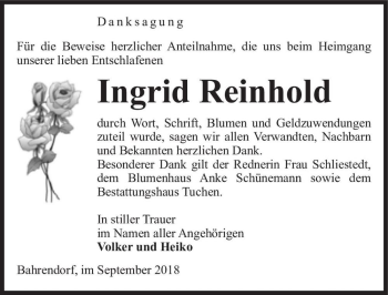 Traueranzeige von Ingrid Reinhold  von Magdeburger Volksstimme