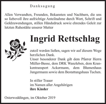 Traueranzeige von Ingrid Rettschlag  von Magdeburger Volksstimme