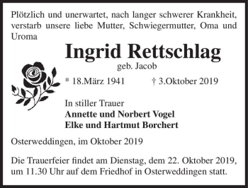 Traueranzeige von Ingrid Rettschlag (geb. Jacob)  von Magdeburger Volksstimme