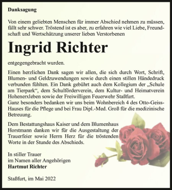 Traueranzeige von Ingrid Richter  von Magdeburger Volksstimme