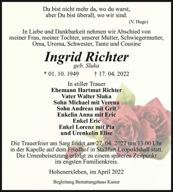 Traueranzeige von Ingrid Richter (geb. Sluka)  von Magdeburger Volksstimme