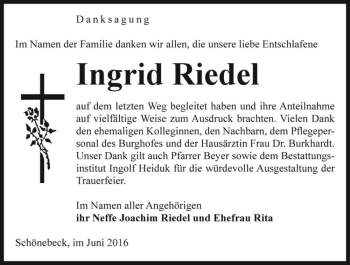 Traueranzeige von Ingrid Riedel  von Magdeburger Volksstimme