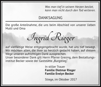Traueranzeige von Ingrid Rieger  von Magdeburger Volksstimme