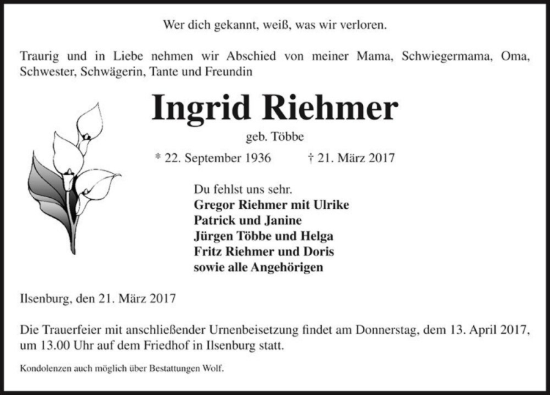  Traueranzeige für Ingrid Riehmer (geb. Többe)  vom 25.03.2017 aus Magdeburger Volksstimme