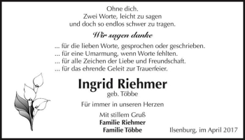 Traueranzeige von Ingrid Riehmer (geb. Többe)  von Magdeburger Volksstimme