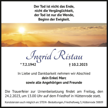 Traueranzeige von Ingrid Ristau  von Magdeburger Volksstimme
