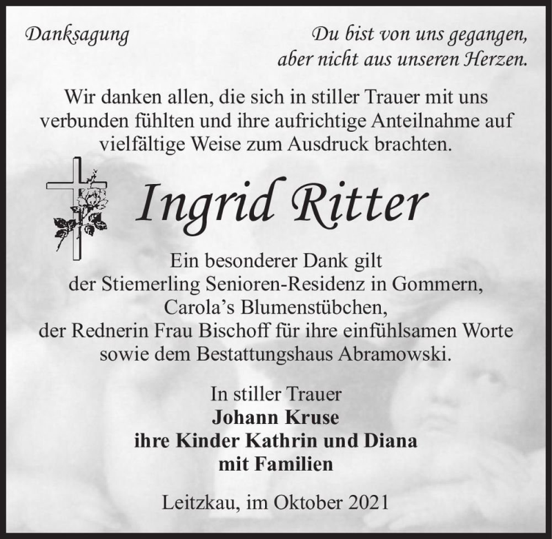  Traueranzeige für Ingrid Ritter  vom 23.10.2021 aus Magdeburger Volksstimme