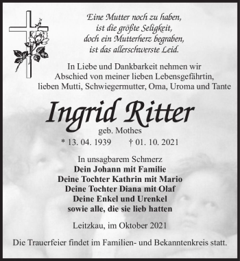 Traueranzeige von Ingrid Ritter (geb. Mothes)  von Magdeburger Volksstimme