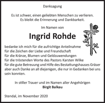 Traueranzeige von Ingrid Rohde  von Magdeburger Volksstimme