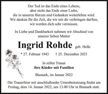 Traueranzeige von Ingrid Rohde (geb. Helle)  von Magdeburger Volksstimme