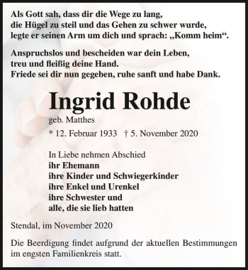 Traueranzeige von Ingrid Rohde (geb. Matthes)  von Magdeburger Volksstimme
