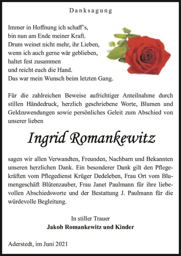  Traueranzeige für Ingrid Romankewitz  vom 19.06.2021 aus Magdeburger Volksstimme