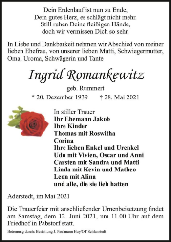 Traueranzeige von Ingrid Romankewitz (geb. Rummert)  von Magdeburger Volksstimme