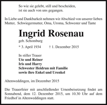 Traueranzeige von Ingrid Rosenau (geb. Schomburg)  von Magdeburger Volksstimme