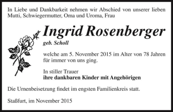 Traueranzeige von Ingrid Rosenberger (geb. Scholl)  von Magdeburger Volksstimme