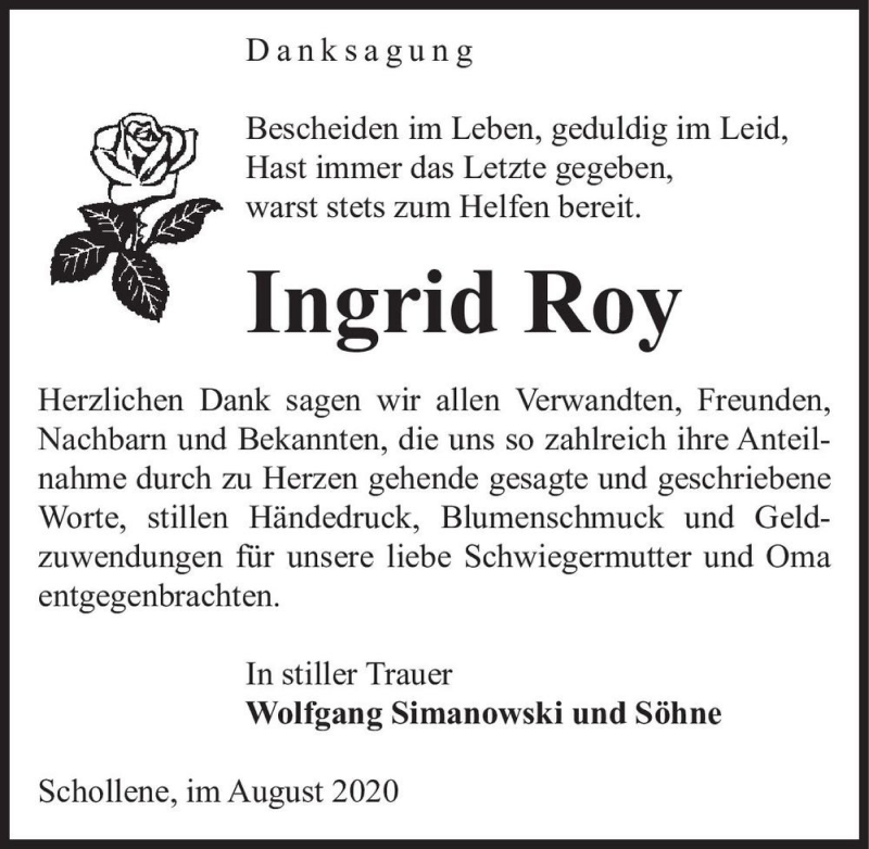  Traueranzeige für Ingrid Roy  vom 07.08.2020 aus Magdeburger Volksstimme
